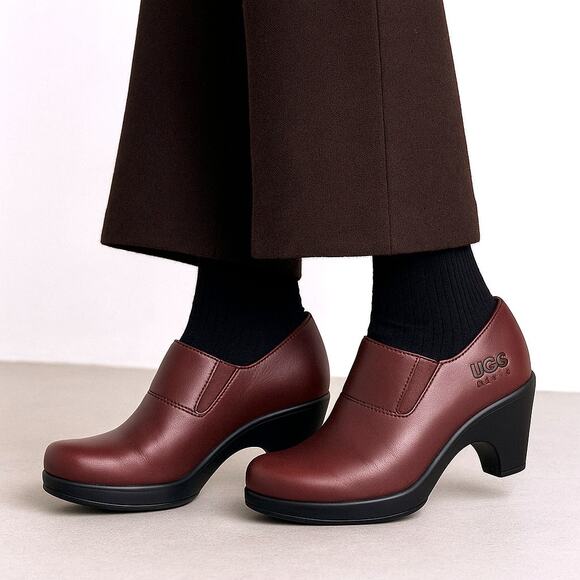 Y2K Vintage UGG Australia Burgundy Leather Clogs wedge heel mule Minimalist 8 - Picture 1 of 11